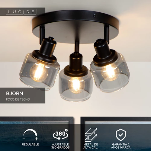 Lucide BJORN - Foco de techo - Ø 38 cm - 3xE14 - Negro - USP